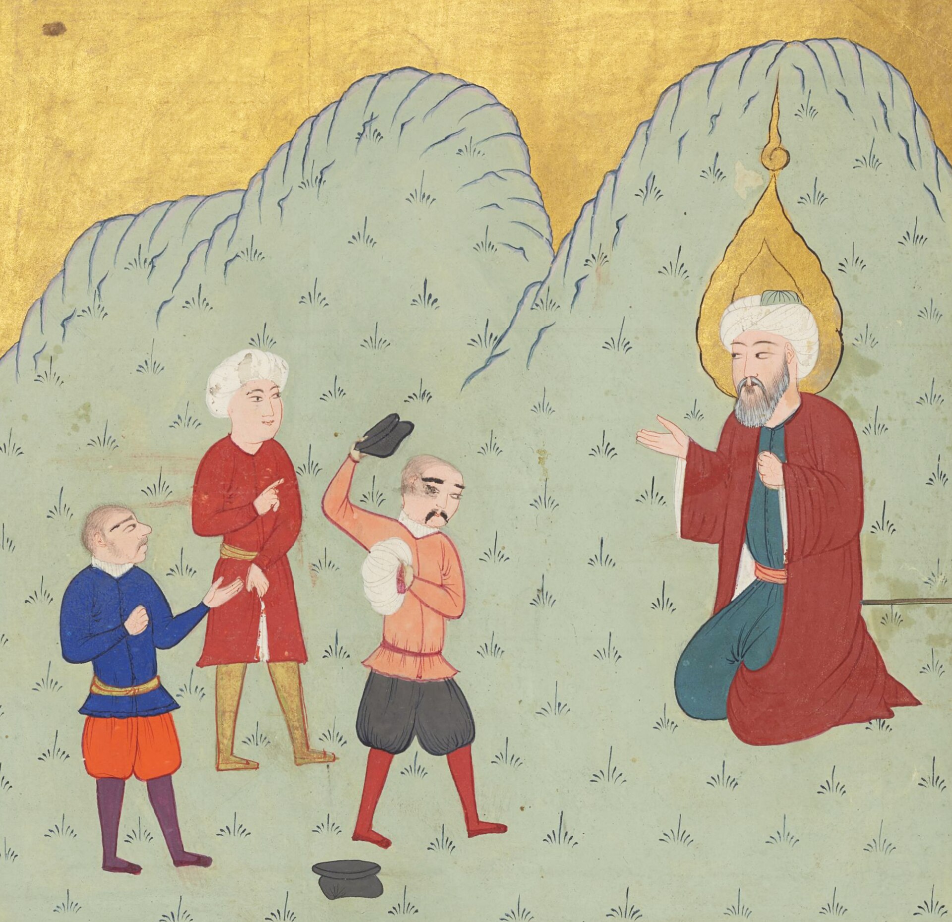 A detailed ottoman miniature depicts figures in traditional clothing before mountains, illustrating historical communication.