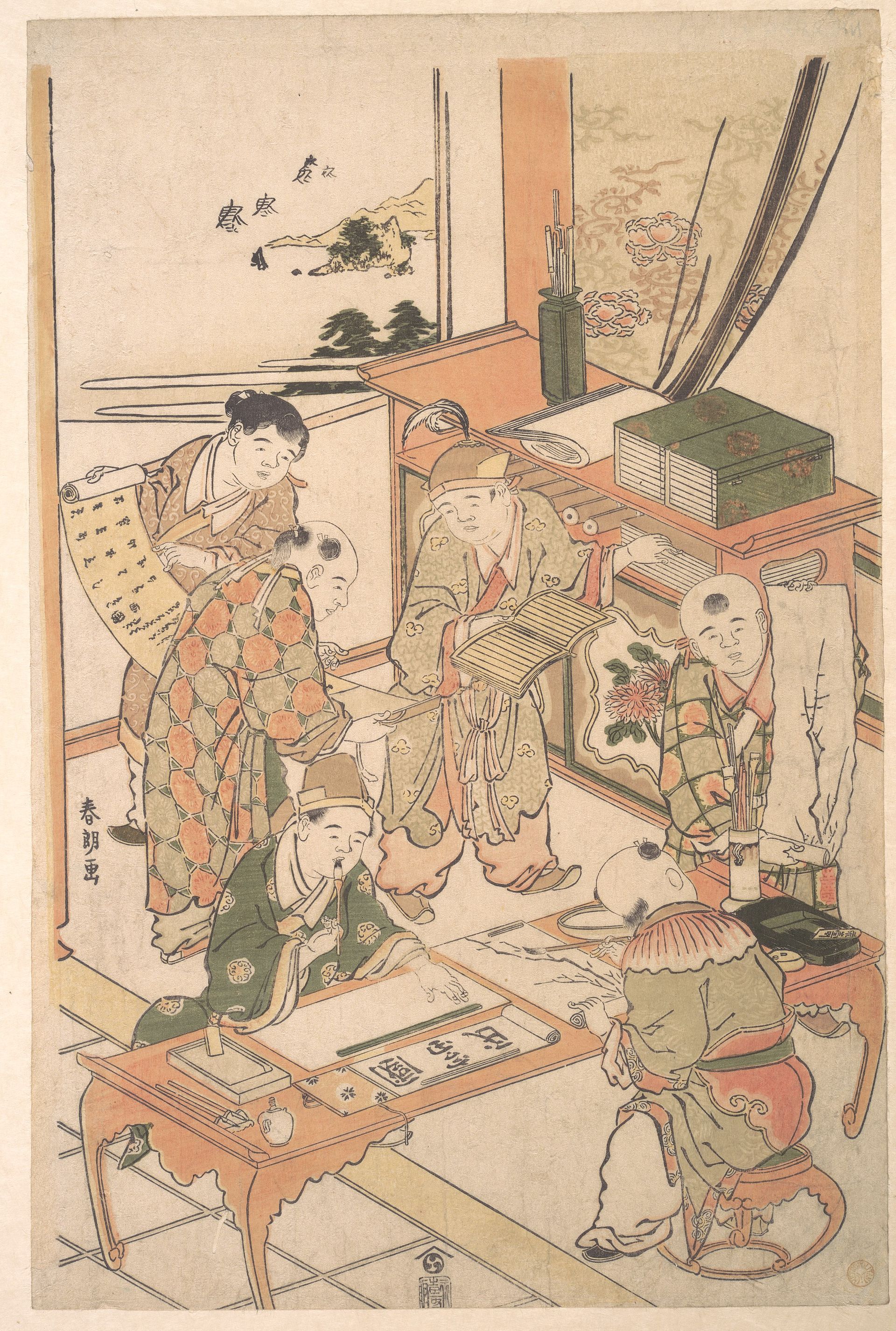 A vibrant ukiyo-e woodblock print shows scholars in an interior scene, illustrating thoughtful conversation.